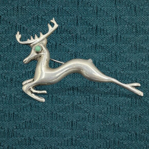 Vintage Old Sterling Silver Turquoise Mexico Deer Stag Brooch Buck - Picture 13 of 13